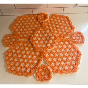 Set of 9 Crochet Hot Pads and Coasters with Neon Orange Daisies